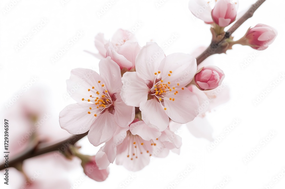 Fototapeta premium Detailed view of Plum flowers against a plain white backdrop