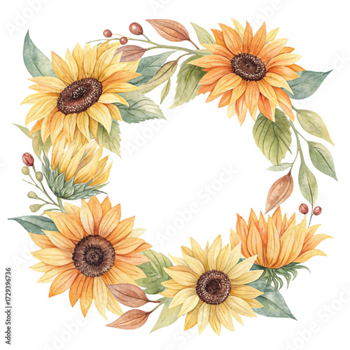 Sunflower wreath with autumn leaves and berries forming a round frame on transparent background