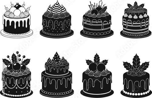 Christmas cake vector set, festive holiday desserts, decorated cakes with holly, candy canes, ornaments, berries, icing, seasonal celebration design
