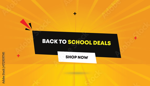Back to School Deals shop now editable web banner vector art illustration badge icon label design black white shapes yellow orange abstract background sun shine creative graphic template modern style