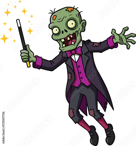 Cartoon zombie magician character in tattered tuxedo performing magic with wand and sparkles, fantasy horror conceptCartoon zombie magician character in tattered tuxedo