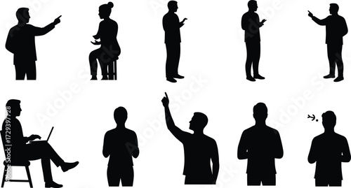 Business people silhouettes, office teamwork discussion, communication poses, corporate collaboration, idea sharing, workplace interaction, professional teamwork