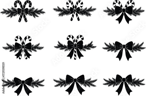 Christmas candy cane decorations, festive bows with pine branches, holiday silhouette icons, seasonal vector design elements, winter celebration, decorative clipart set