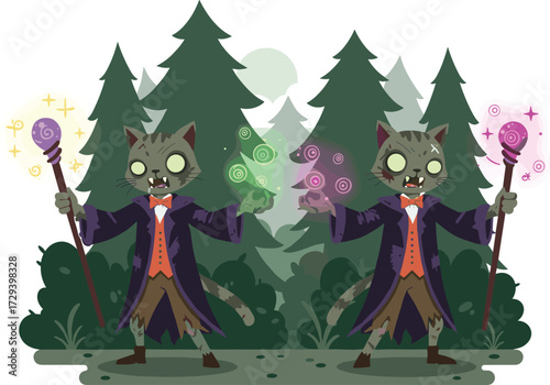 Twin zombie cats casting magical spells in forest under moonlight, fantasy Halloween vector with mystical horror themeTwin zombie cats casting magical spells in forest under moonlight, 