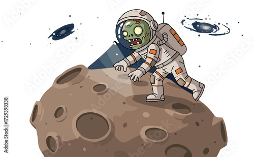 Zombie astronaut exploring asteroid surface in deep outer space with galaxies and stars cartoon vectorZombie astronaut exploring asteroid surface in 