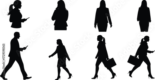 Business people silhouettes, walking professionals, office workers, executives with briefcases, corporate lifestyle, mobile work, modern workplace poses