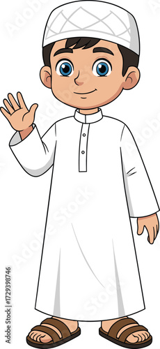Cartoon boy in traditional Middle Eastern attire waving and smiling—ideal for cultural education, children’s illustrations, and diversity-themed content.