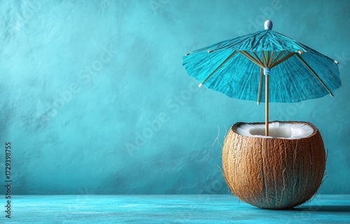 Wallpaper Mural Refreshing coconut drink with blue paper umbrella on textured surface Torontodigital.ca