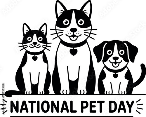 Joyful illustration of a cat, a dog, and a kitten celebrating National Pet Day with a festive banner.