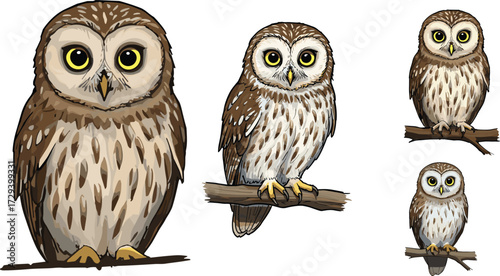 Owl illustration, cartoon bird, wildlife drawing, perched animal, forest branch, nocturnal character, nature artwork, feather pattern, woodland design, cute owl art