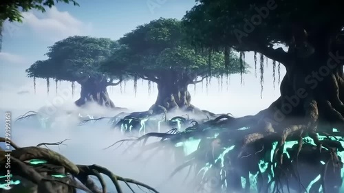 Fantasy landscape with large trees and glowing elements in atmospheric mist