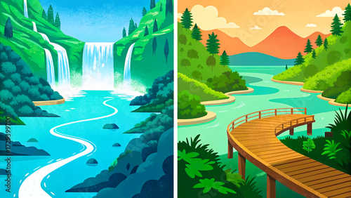 illustration Plitvice Lakes National Park vector, Croatia, turquoise water, waterfalls, wooden paths, lush forest, natural beauty, and European landmark illustration.