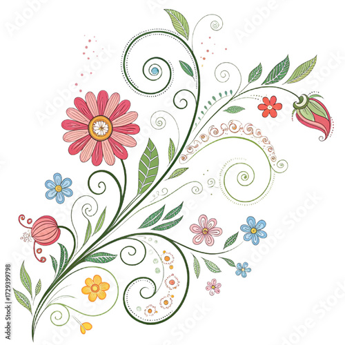 Floral flourish. Swirling leaves, colorful flowers, intricate details, vector illustration on black