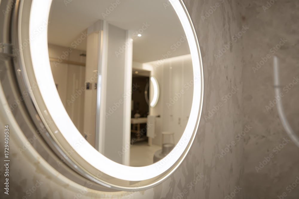 Fototapeta premium Close-up of a circular LED illuminated mirror in a bathroom setting