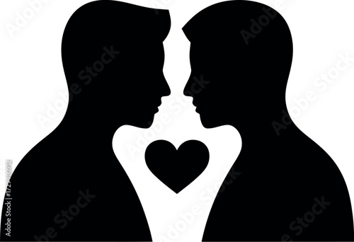Two men silhouetted facing each other with a heart symbol between them, representing love and connection.
