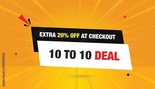 Extra 20% Off Checkout Deal 10 to 10 Editable Web Banner Vector Art Illustration Label Icon Badge Design White Black Shapes Abstract Background Sun Shine Creative Graphic Template