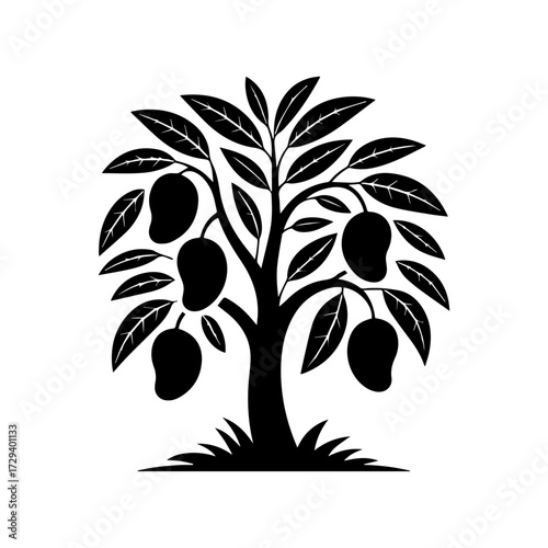 vector tree silhouette, black and white mango tree design, mango design, tree, tree vector, tree silhouette