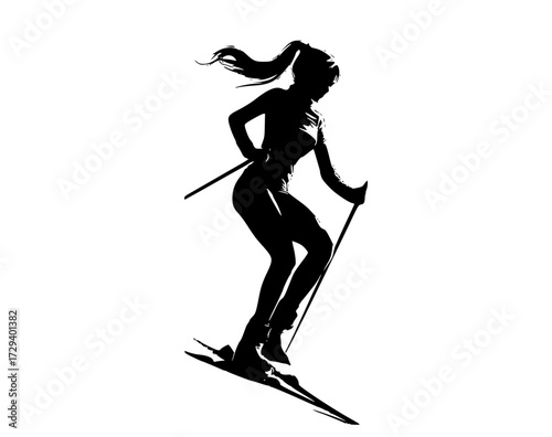 a silhouette of a female skier in motion, depicted in black and whiteblack, girl, pole, profile, ride, ski, ski pole, ski slope, skier, slope, woman 