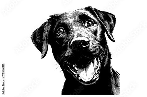 a black and white drawing of a dog's head with a happy expressionblack, dog, mouth, open, photo, portrait, stare, white 