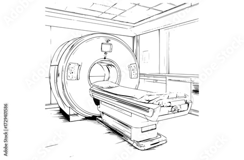 a detailed line drawing of a mri roombed, clinic, drawing, equipment, hospital, hospital bed, hospital room, illustration, patient, pillow, room 