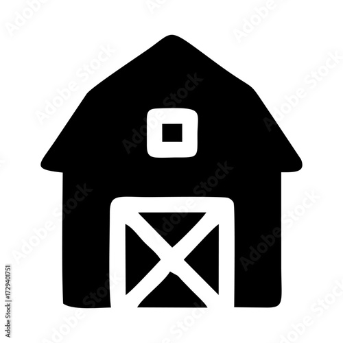 Simple Black Barn Icon with X pattern Doors and Square Window