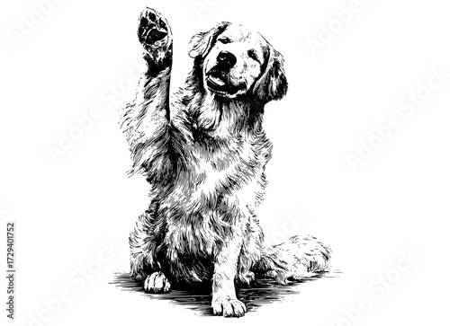 a black and white drawing of a dog raising its pawdog, drawing, floor, paw, retriever, sit, stand 