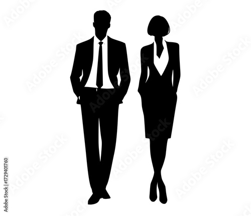 a silhouette of a man and a woman standing side by side, both dressed in formal attireblack, business suit, businessman, couple, dress, man, profile, stand, suit, tie, woman 