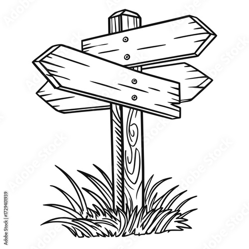 Wooden directional signpost with grass arrows