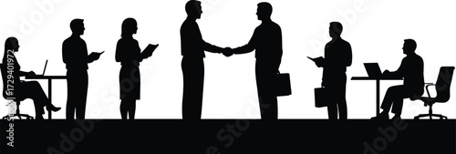 Business team working, handshake partnership, office collaboration, professional discussion, teamwork success, corporate meeting, people communication, agreement