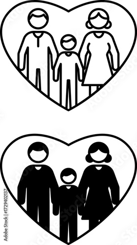 Happy Family Icons. Black and White Vector Illustrations. Father, Mother, and Son Inside a Heart. Family Concept