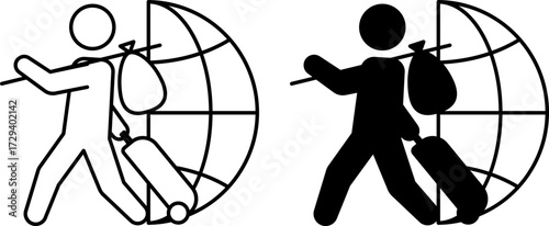 Global Refugee Support Icons. Black and White Vector Illustrations. A Man with a Suitcase Immigrating to a Foreign Country. World Refugee Concept