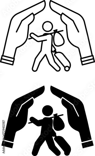 Refugee Rights Icons. Black and White Vector Illustrations. Human Hands Covering a Refugee with a Suitcase. Protection and Support for Migrants. World Refugee Concept