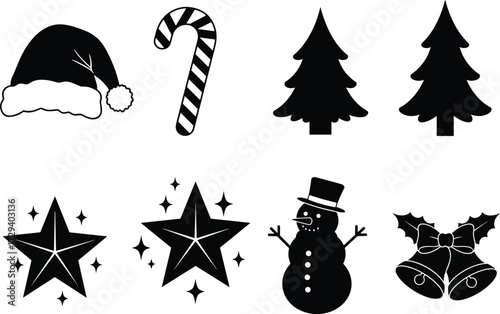 Christmas silhouette icons set, Santa hat, candy cane, pine tree, snowman, jingle bells, holiday stars, festive decoration, winter season