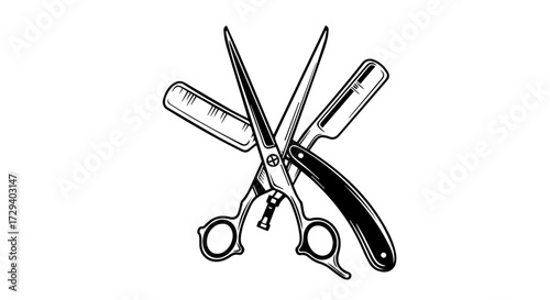 Barbershop Tools Scissors and Straight Razor for Haircutting and Shaving