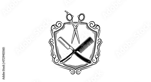 A vintage style barber shop emblem featuring essential grooming tools scissors, razor, and comb, enclosed within an ornate decorative shield design