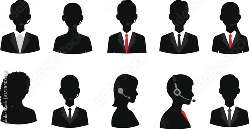 Call center agents, customer service representatives, support team silhouettes, business communication, helpline operators, hotline workers, professional telemarketing staff