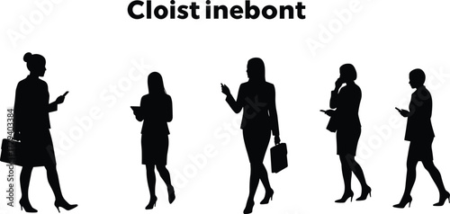 Businesswomen silhouettes, walking professionals, office ladies with briefcases, executives on mobile, corporate lifestyle, workplace illustration poses