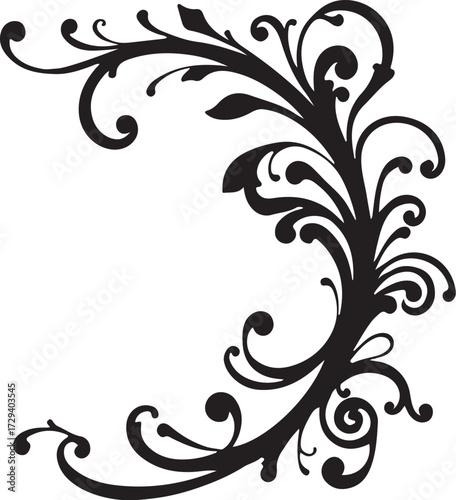 Abstract vector floral design elements featuring ornate black vintage flower and leaf silhouette scroll borders
