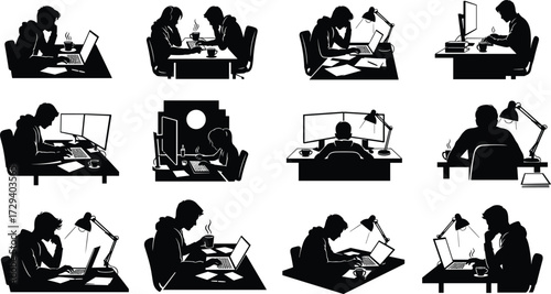 Freelancer working late, office desk, computer screens, studying, teamwork, night work, remote job, productivity concept