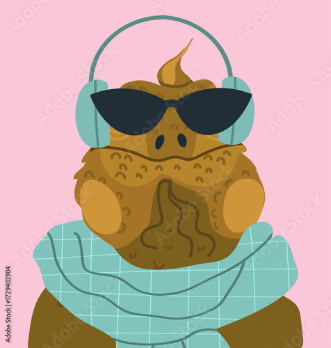 Iguana character avatar, wearing a glasses, spy, headphones, scurf. Hand drawn vector illustration.