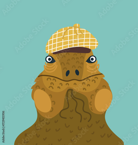 Iguana character avatar, wearing a cap, hat. Hand drawn vector illustration.