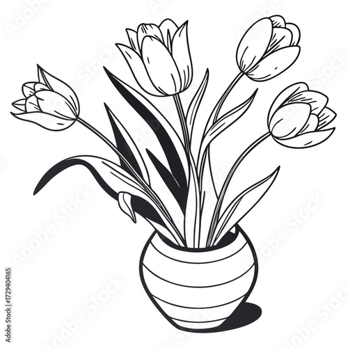 Floral arrangement with tulips in a striped vase flowers