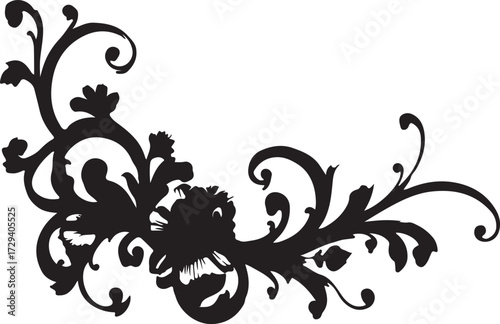 Abstract vector floral design elements featuring ornate black vintage flower and leaf silhouette scroll borders