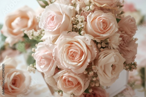 Soft pastel bouquet of blooming flowers and delicate roses with a festive backdrop, selective focus, toned tones
