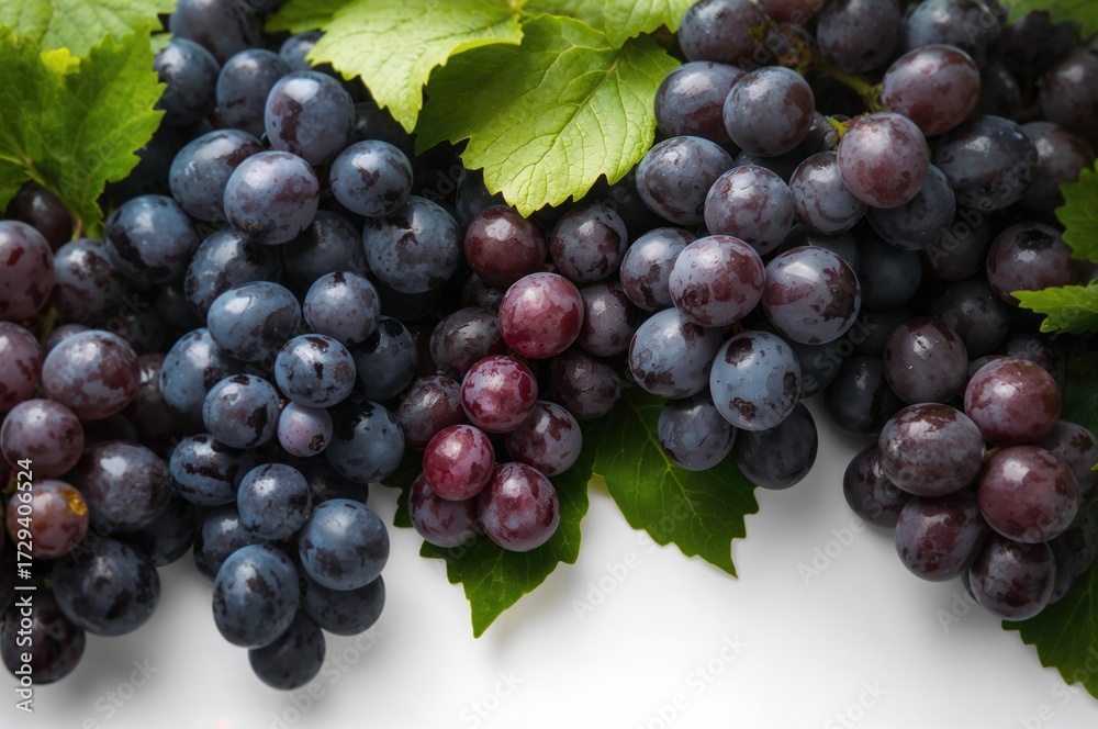 Fototapeta premium Bunches of Mature Grapes with Foliage, Set Against a White Backdrop
