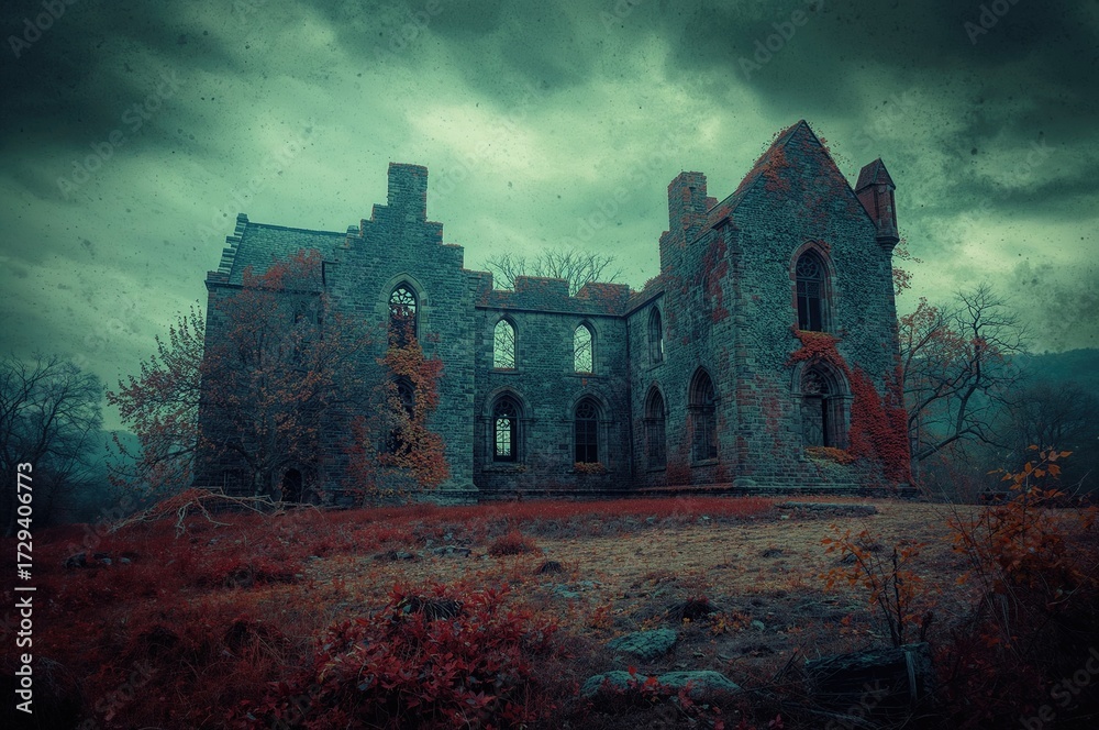 Fototapeta premium Eerie remnants of an ancient fortress nestled in rural lands