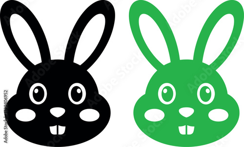 Two adorable cartoon bunny faces, one black and one green, with big eyes and fluffy cheeks.