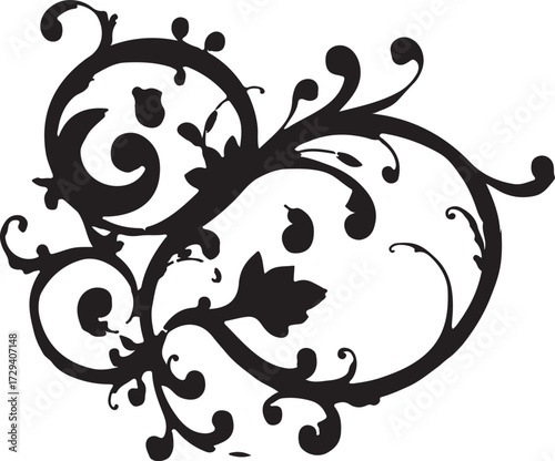 Abstract vector floral design elements featuring ornate black vintage flower and leaf silhouette scroll borders