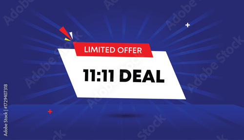 11 to 11 limited offer editable web banner vector art illustration abstract background white red blue shapes dark light sun shine creative design modern 4k high quality vibrant colorful display online