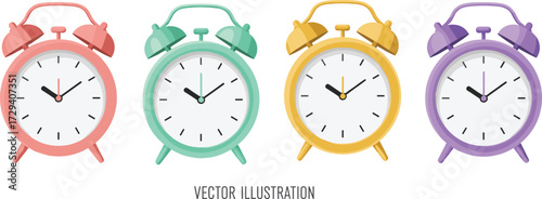 Colorful analog alarm clocks vector illustration, pink green yellow purple design, time display concept, retro style, isolated white background